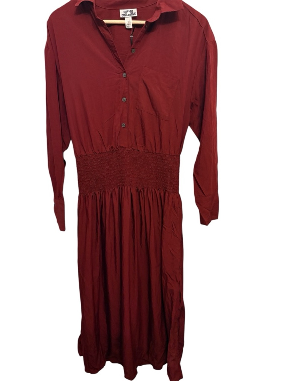 Future Collective Long Sleeve Shirred-Waist Midi Dress - Deep Red